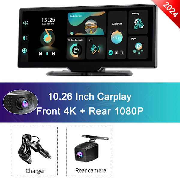 10,26" Dash Cam Rearview Kamera Wifi Carplay & Android Auto 4K DVR GPS Navigation Video Inspelare