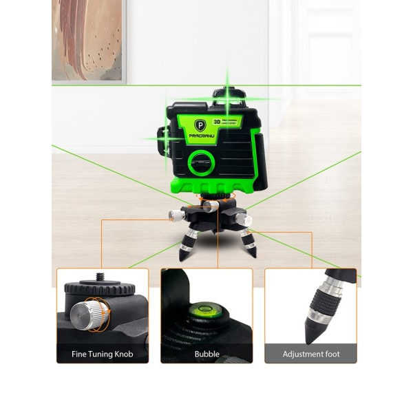 Laser Niveau 12 Linjer 3D niveau Selvnivellerende Horisontal og Lodret Kryds Super Kraftfuld Grøn Laser Beams