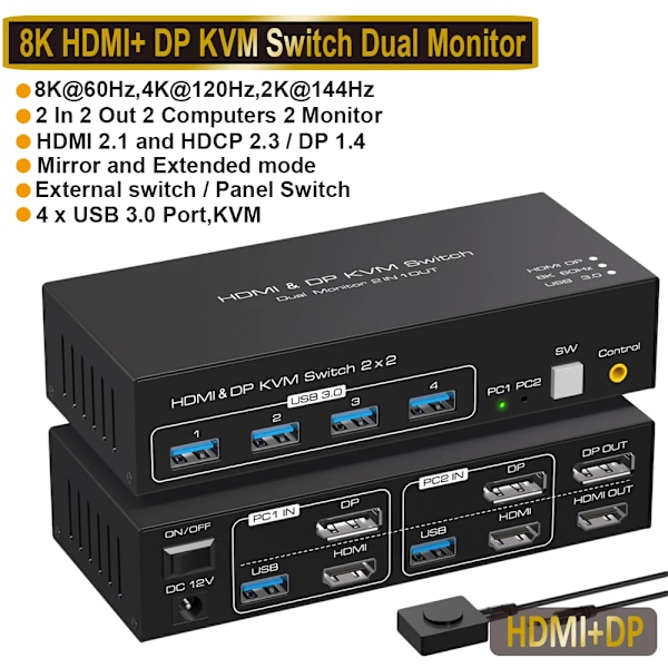 Dual Monitor DP KVM Switch 4K 120Hz 2x2 USB 3.0 HDMI KVM Switch 2 in 2 out