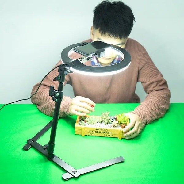 Desktop Overhead Stativ  for video opptak med led ring lys lampe bord stativ stativ med mobil telefon holder