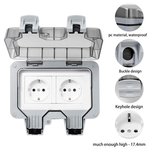 IP66 Værbestandig Støpsel Socket Vanntett Utendørs Vegg Strøm Stikkontakt 16A Dobbel EU Standard Elektrisk Uttak