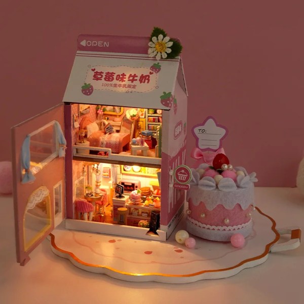 Mini kage soveværelse jordbær banan mælk dukkehus miniature bygning sæt legetøj