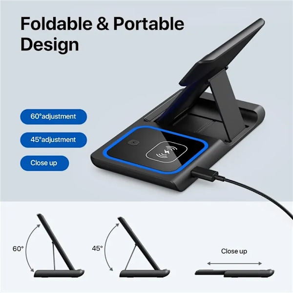 3 In 1 Trådløs lader Stativ Pad For iPhone 14 13 12 11 X Apple Watch 8 7 Airpods Foldable 15W Phone Rask Lading Dokk  Stasjon