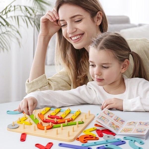 Barn Trä Geoboard Leksaker Spikbräda Geometrisk Kolumn Set Konstruktion Pussel Geometrisk Pegboard