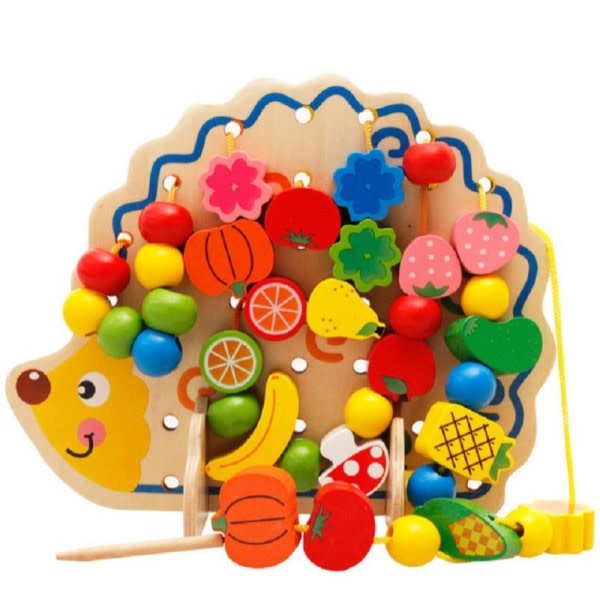 Trä frukt grönsaker snörning snöring pärlor leksaker med igelkott bräda montessori pussel leksaker