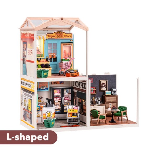 Plast Hus Bygning Sæt Mini Dukke Hus Fascinerende Bog Butik Gør det selv Miniature Hus Kit med LED lys