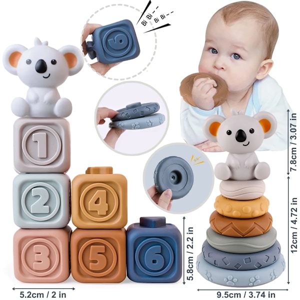 Baby Silicon Byggklossar Montessori leksaker för bebisar Squeeze Stacker & Bandsjukdomar leksaker