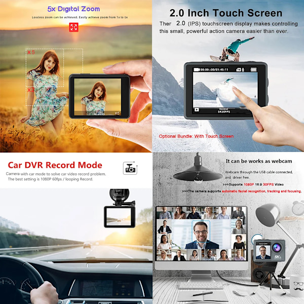 5K 4K60FPS Action Kamera Dual IPS Touch LCD DVR EIS 170° 30M Vandproof 5X Zoom Sport Camera