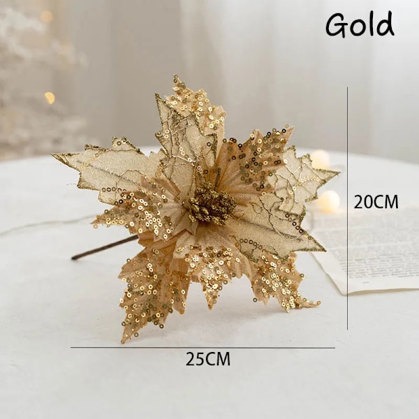 Glitter kunstig jule blomster jule træ pynt hjem falske blomster jule pynt