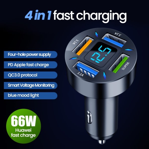 4 porte USB bil oplader hurtig opladning PD hurtig opladning 3.0 USB C bil telefon oplader adapter