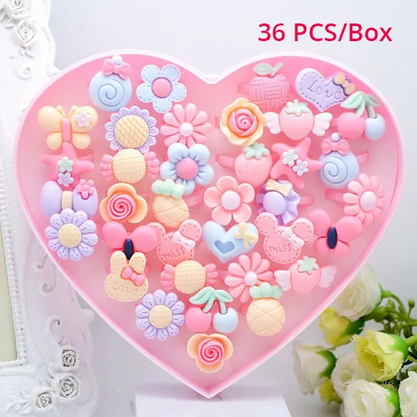 Hög kvalitet 36 bitar Barn Söta Ringar Harts Tecknade Smycken Blomma Form Justerbar Ring Set Kreativt Tillbehör för flicka