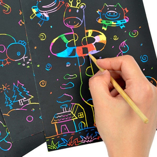 DIY Magic Rainbow Färg Scratch Konst Papper Kort Set Med Graffiti Stencil Teckning Tavla