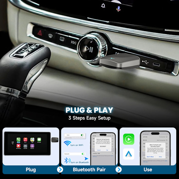 2-i-1 Wired to Wireless CarPlay Adapter & Android Auto Wireless Adapter Plug & Play