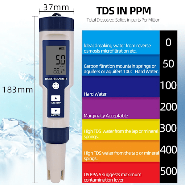 5 IN 1 PH Temperatur TDS EC Salthalt Meter Digital Vattentät Med Automatisk Kalibrering Funktion Vatten Kvalitet PH Tester