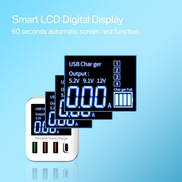 40W USB Vegg lader 4 Port Med LED skjerm