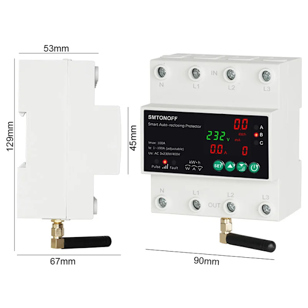 Tuya WiFi Tre Phase 4P 100A Auto-genlukkende Over Under spænding beskytter