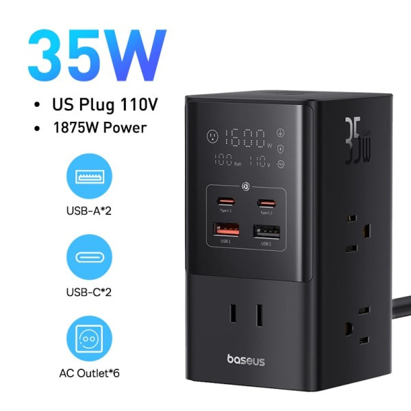 35W Hurtig Opladning Digital Power Strip 7-i-1 Ladestation 4000W Nominel Strøm Digital Skærm