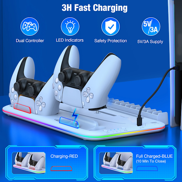 För PS5 Slim Kylning Stativ med RGB Ljus Fläkt För PS5 Konsol Disc&Digital Editions PS5 Controller Dual Controller Charging Dock