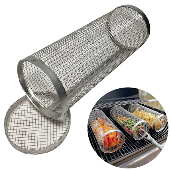 Høj kvalitet Rund BBQ kurv rustfrit stål rullende grillning kurv wire net cylinder grill kurv bærbar udendørs camping grill stativ