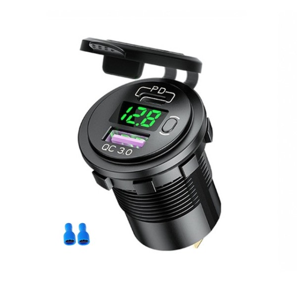 48W USB Type C Bil Usb lader Socket,12V/24V Dobbel USB Uttak PD3.0&QC3.0 Bil Socket med LED Voltmeter
