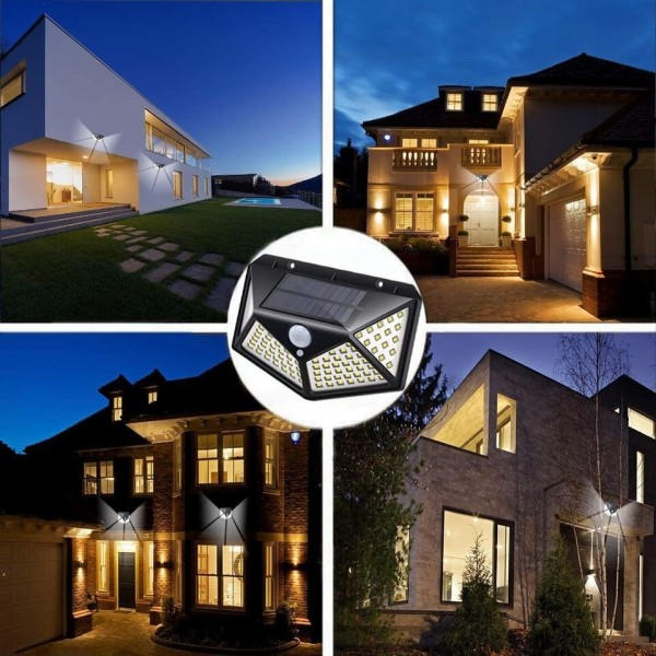 100 LED Solar Strøm Vegg Lys Bevegelse Sensor Vanntett Utendørs Hage Lampe
