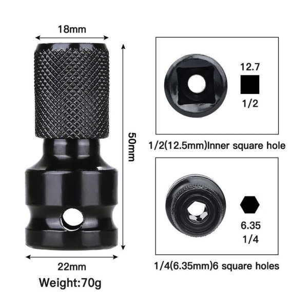 1/2 tommer Square Drive til 1/4 tommer Hex Socket Adapter Converter Chuck Adapter