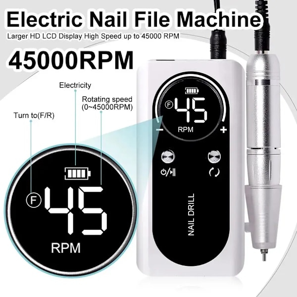 Professionell 45 000 RPM Elektrisk Bärbar Spik Borr Maskin Laddningsbar Lågt brus Nagel Slip Fil för Manikyr Verktyg