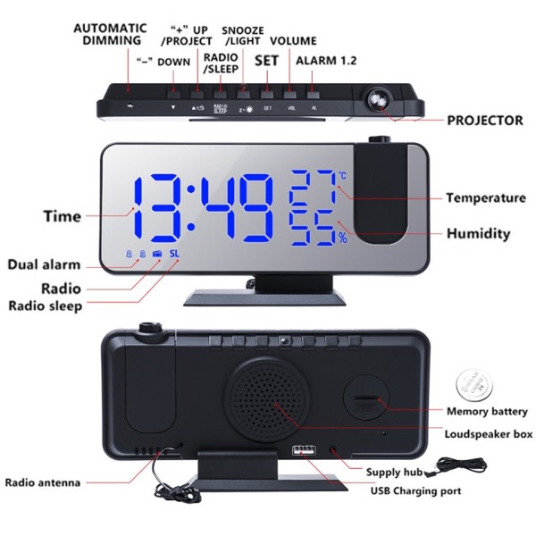 LED Digital Projeksjon Alarm Klokke Bord Elektronisk Alarm Klokke med Projeksjon FM Radio Tid Projektor