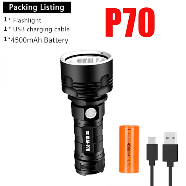Super Ljus Hög Power Led Ficklampa P70 USB Uppladdningsbar Ficklampa