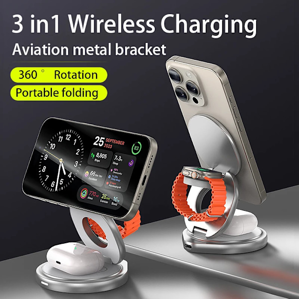3 i 1 laddningsstation för Apple,Travel laddare för flera enheter  vikbar magnetisk laddare för iPhone Apple Watch AirPods