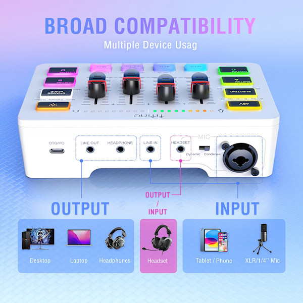 Gaming USB Mixer Med 4-kanaler/XLR Mikrofon Interface/RGB, Sound mixer