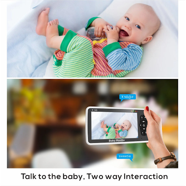 5 tommers video babymonitor med kamera og lyd 4X zoom 22 timer batteri 1000 fot rekkevidde 2-veis lyd temperatur sensor