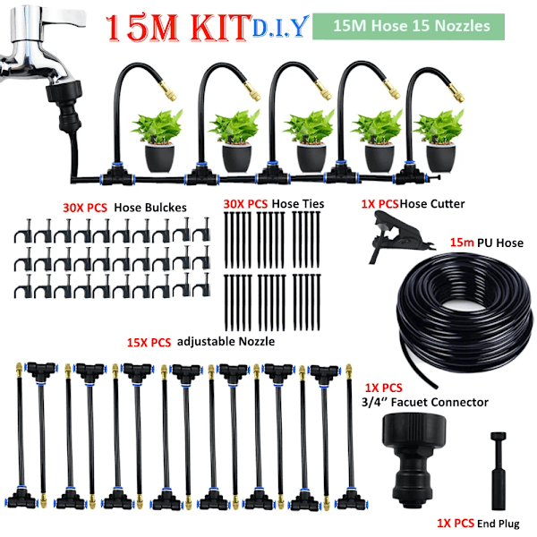 15 meter universell atomisering sprinkler automatisk vattning kit 5M/10M med 20cm roterande koppar munstycke balkong regnskog spray