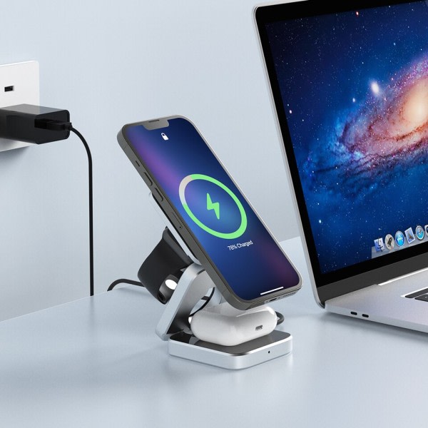 3 In 1 Foldbar Magnetisk Trådløs Oplader Stativ Til iPhone 14, 13, 12 Pro/Max/Plus, AirPods 3/2 Station Dock