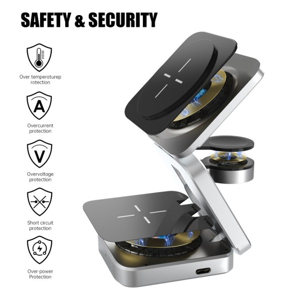 3 In 1 Foldbar Magnetisk Trådløs Oplader Stativ Til iPhone 14, 13, 12 Pro/Max/Plus, AirPods 3/2 Station Dock