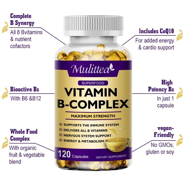 60 bitar Vitamin B Komplex Kapsel B12 Folsyra Biotin Reducera Stress Bättre humör Nervsystemet Hälsa Energi Tillskott