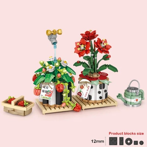 Kreativ Jordgubb Körsbär blomma kruka Suckulent Bonsai Växt Byggnad Klossar Moc Mini Blomma Brick
