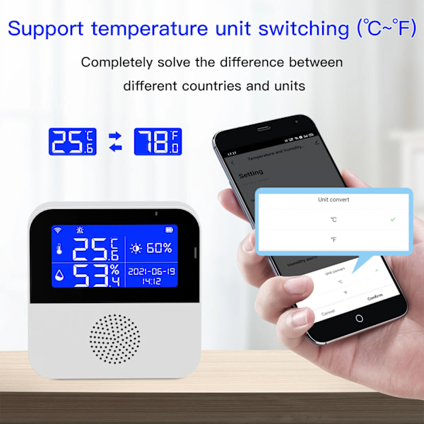 Smart WIFI Temperatur och Fuktighetssensor med Bakgrundsbelysning LCD Display Inomhus Termometer Hygrometer Mätare Stöd