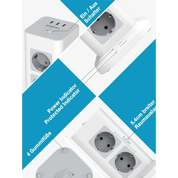 Tower Power Strip Multi Uttag med USB, 2M Förlängningskabel EU kontakt Vertikal Elektrisk Socket Överspänningsskydd för hem