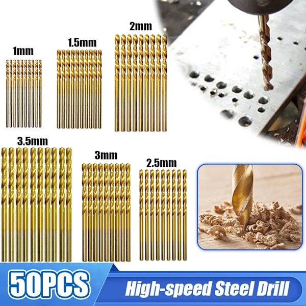 50 stykker Høj Speed Stål Ti-belagt Twist Bit Titanium Coated Bor Bits Værktøj