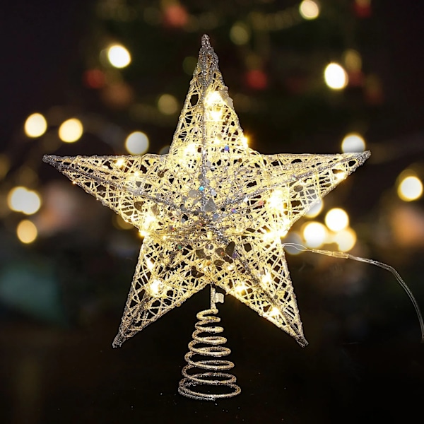 Järn Glitter Pulver Jul Tree Topper Star med LED koppar tråd ljus