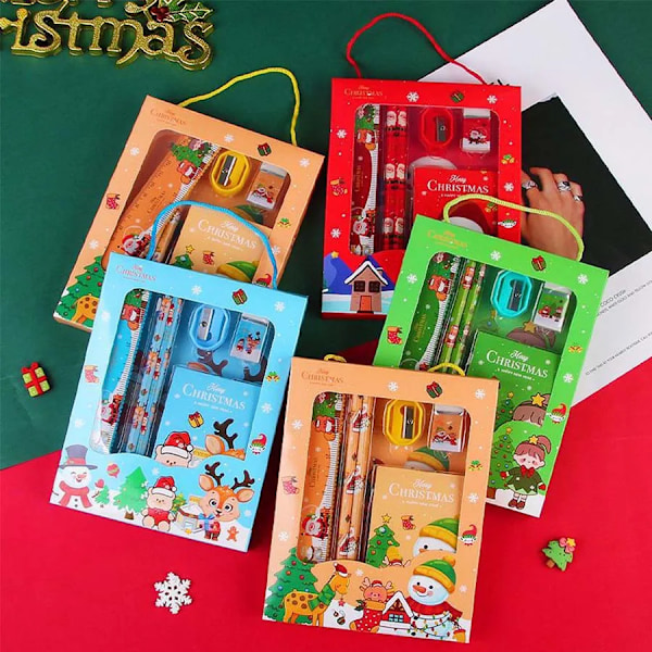 Jul Skrivepapir Set Barn Tegneserie Blyanter Viskelær Linjal Memo Pads Blyant Kniv sett