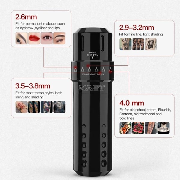 Mast Tatovering Flip Justerbar Seks Stroke Længder Custom Coreless Motor RCA Interface Rotary Machine Pen Tattoo Supplies