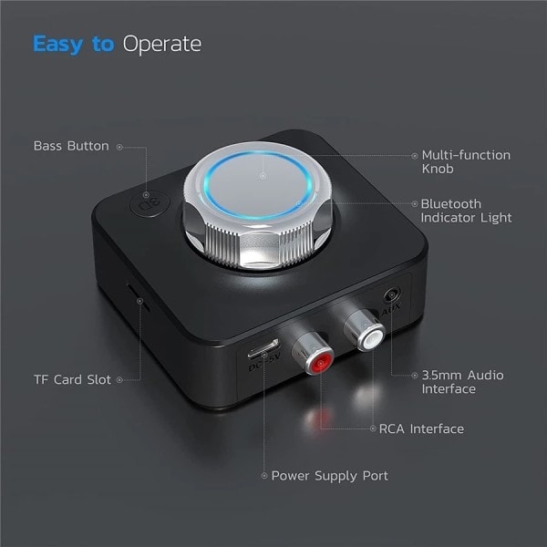 Bluetooth 5.0 Lyd Receiver 3D Stereo Musik Trådløs Adapter TF Card RCA 3.5mm 3.5 AUX Jack