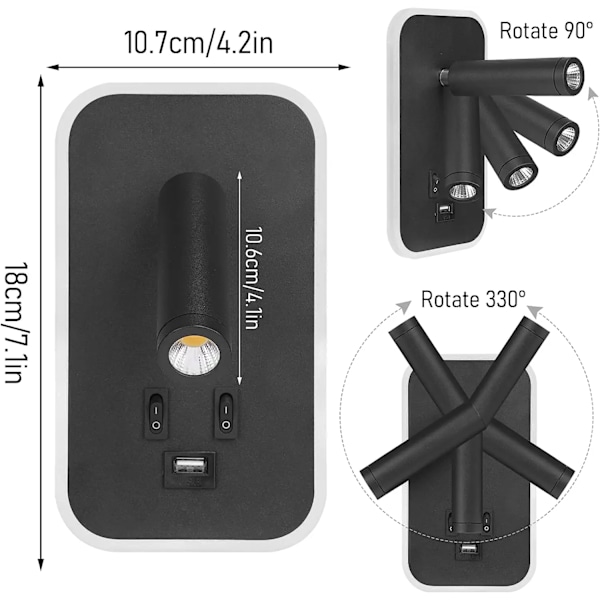 Sengen Vegg Lampe LED Vegg Lys, Vegg Montert Leselys med bryter og USB port