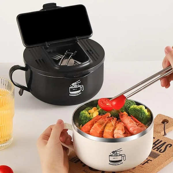 1000ml Ramen Skål Med Låg 304 Rustfrit Stål Instant Nudles Frugt Salat Ris Suppe Skål Stor Frokost Kasse