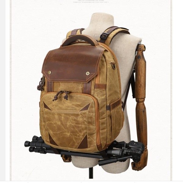 Kamera väska Vattentät Retro Batik Canvas Läder Ryggsäck w USB Port passform 15,4 tum Laptop Her Fotografi väskor