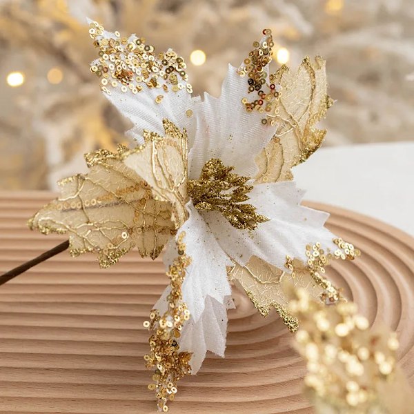 Glitter kunstig jule blomster jule træ pynt hjem falske blomster jule pynt
