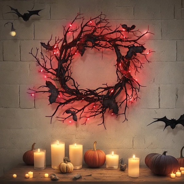 Halloween krans flaggermus svart gren kranser med rød LED lys kranser for dører vindu blomst
