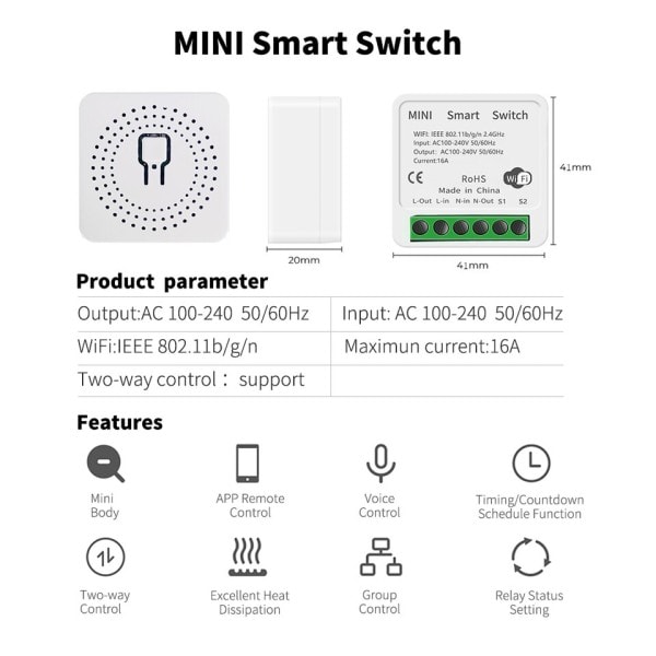 Smart MIni Switch Interruptor Fungerar med Alexa Google Home 2 Way Voice Control